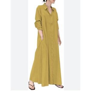 Womens Chic Button Down Rolled-Up Sleeve Long Cotton Blouse Maxi Dress